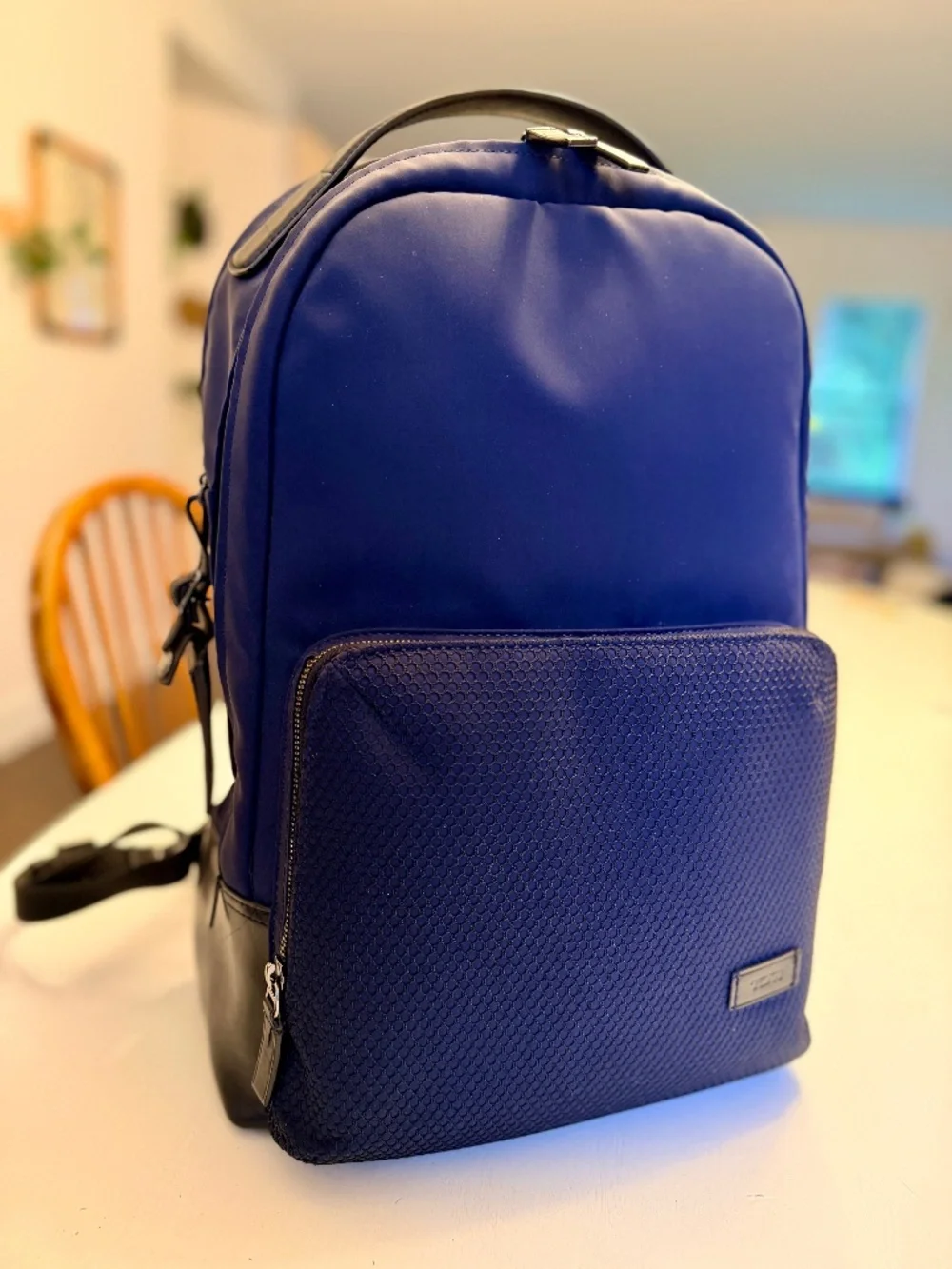 TUMI Harrison Navy Blue Backpack Laptop Business Travel Bag Leather Trim Carry-O